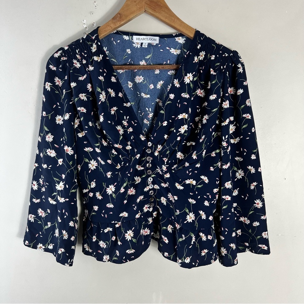 Heartloom Navy Floral V-Neck Crop Top Blouse Size Small